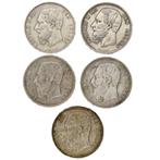 België. Leopold II (1865-1909). 5 Francs 1873/1875 (5 stuks)