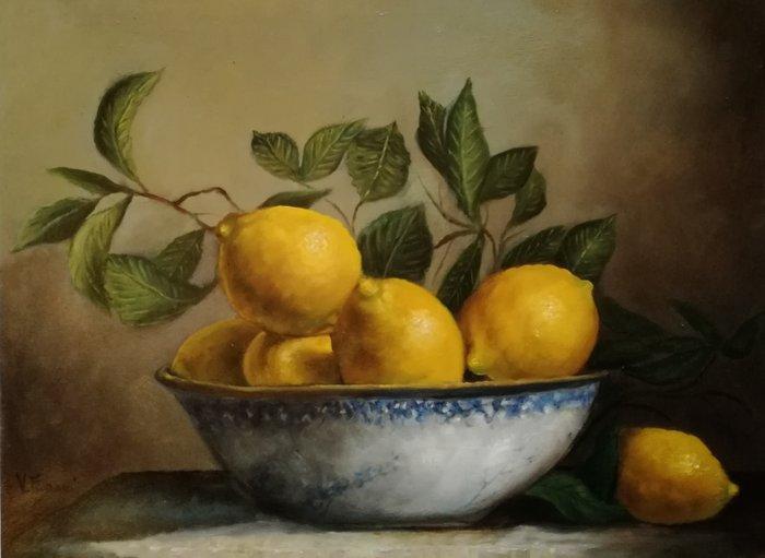 V. Fiorani (XX) - Vaso con limoni, Antiek en Kunst, Kunst | Schilderijen | Klassiek