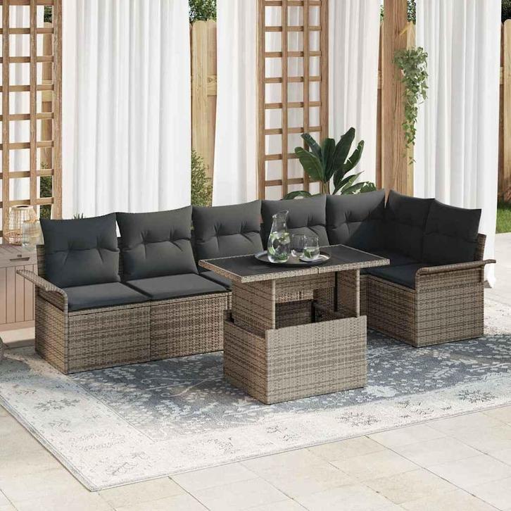 vidaXL Tuin Sofa Set met kussen 7 pcs Grijs Poly riet, Tuin en Terras, Tuinsets en Loungesets, Nieuw, Rotan, Verzenden
