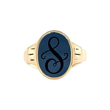 Gouden vintage zegelring met blauwe laagsteen 14 krt beschikbaar voor biedingen