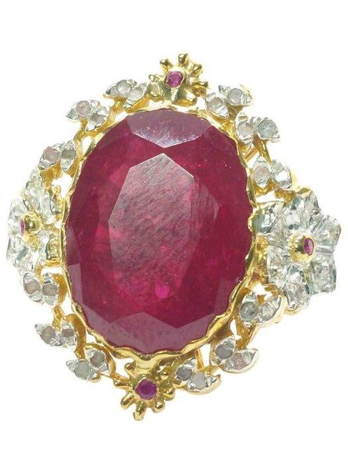 Zonder Minimumprijs - Ring - 9 kt. Geel goud, Zilver Robijn, Sieraden, Tassen en Uiterlijk, Ringen