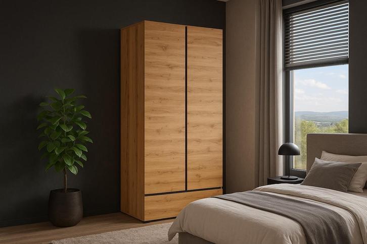 Kledingkast Crotone - Eiken - 2-Deurs met Lade, Huis en Inrichting, Kasten | Kledingkasten, Nieuw, Met lade(s), Met deur(en), Met plank(en)