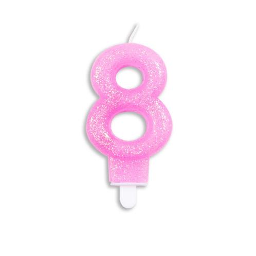 Kaars 8 Jaar Roze Glitter 7cm, Hobby en Vrije tijd, Feestartikelen, Nieuw, Verzenden