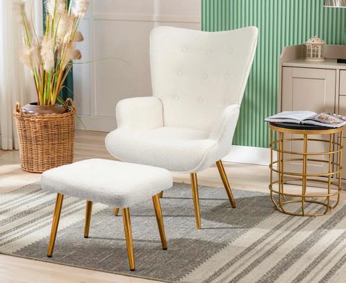 Nieuwe Luxe Fluffy Fauteuil met Kruk - Wit met gouden poten, Huis en Inrichting, Fauteuils, Nieuw, Verzenden