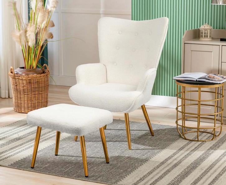 Nieuwe Luxe Fluffy Fauteuil met Kruk - Wit met gouden poten, Huis en Inrichting, Fauteuils, Nieuw, Verzenden