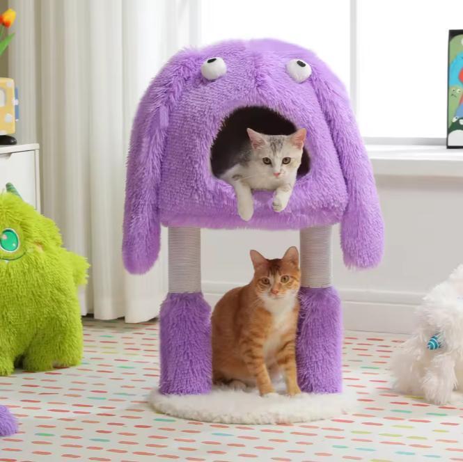 2-in-1 Kattenboom –Pluche Krabpaal en Kattenhuis Monsterdesi, Dieren en Toebehoren, Kattenmanden, Nieuw, Verzenden