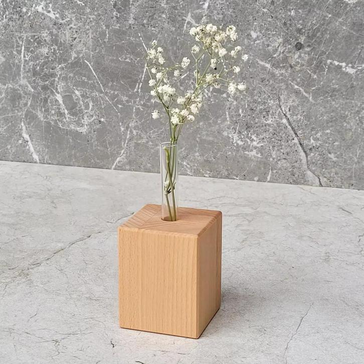 HOCHO Beukenhouten Vaas 55x55x70 mm – Met Glazen Buisje v., Huis en Inrichting, Keuken | Keukenbenodigdheden, Nieuw, Ophalen of Verzenden