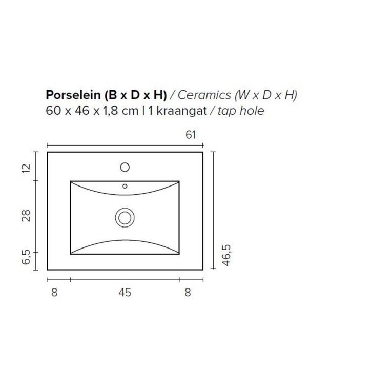 Badkamermeubel BWS Pepper Wastafel Porselein Incl, Huis en Inrichting, Badkamer | Badkamermeubels, Ophalen of Verzenden