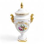 Porcelain lidded urn pedestal vase with ram head handles -