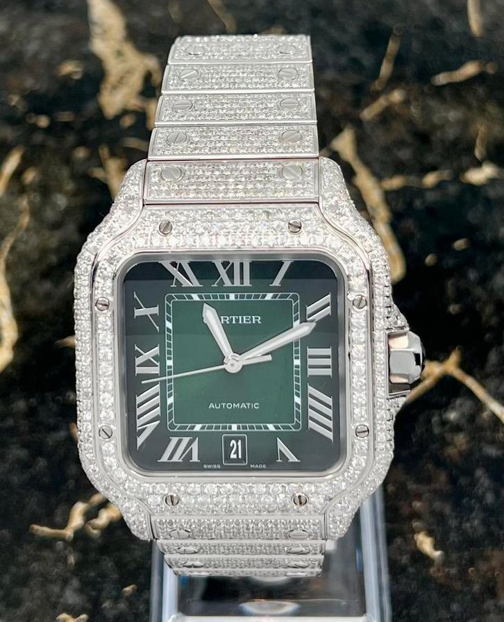 Cartier Santos - Green Dial - WSSA0062 - Iced Out - Diamonds, Sieraden, Tassen en Uiterlijk, Horloges | Heren, Staal, Nieuw, Staal