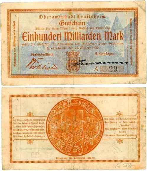 Duitsland Crailsheim 1923 Notgeld 100 Milliarden Mark blau, Postzegels en Munten, Munten | Nederland, Verzenden