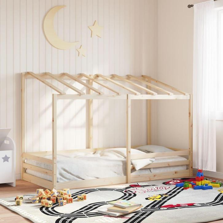 vidaXL Kinderbed met bedhuis 100x200 cm massief grenenhout, Huis en Inrichting, Slaapkamer | Bedden, 100 cm, 200 cm, Bruin, Eenpersoons