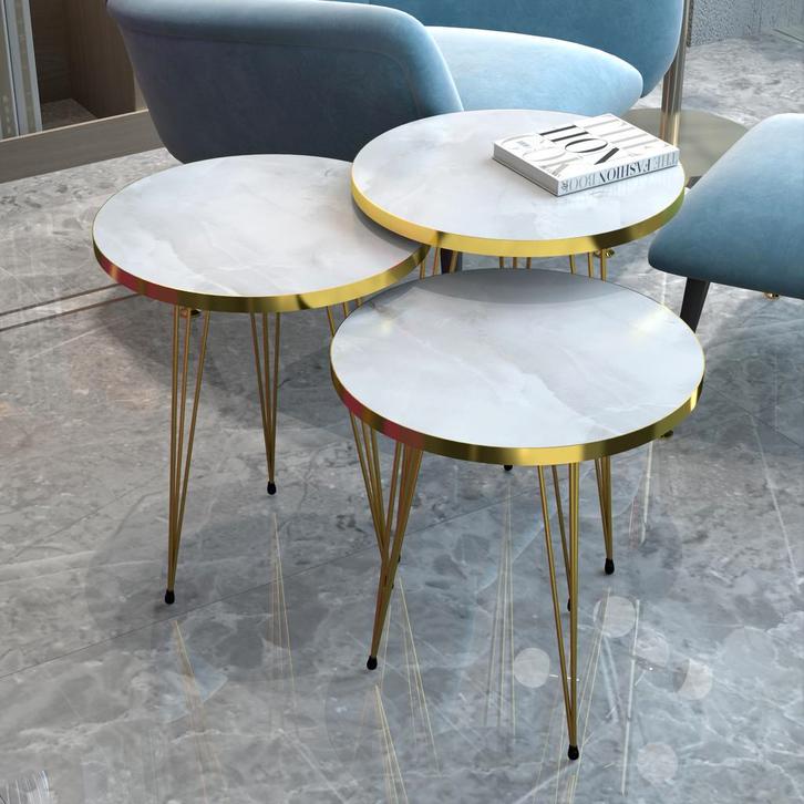 [en.casa] Bijzettafel Skibby set van 3 rond marmer wit en go, Huis en Inrichting, Tafels | Bijzettafels, Verzenden