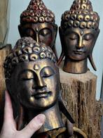 Beeld, Drie grote massief houten Boeddha hoofden - 25 cm -, Antiek en Kunst