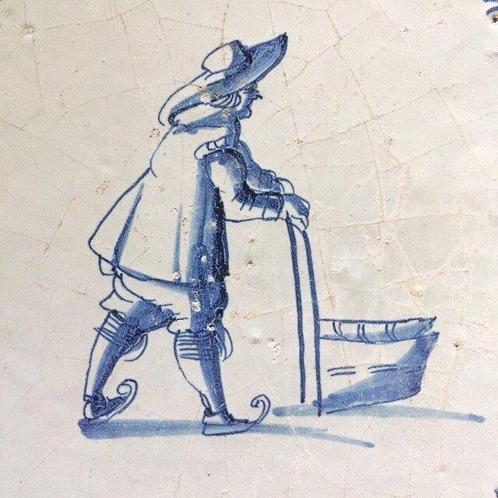 Tegel - IJspret : Een heer op schaatsen achter een slee - ca, Antiek en Kunst, Antiek | Glas en Kristal
