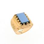 18 Krt. Gouden zegelring met blauwe lagensteen (vintage), Sieraden, Tassen en Uiterlijk, Ringen, 18 tot 19, Gebruikt, Overige kleuren