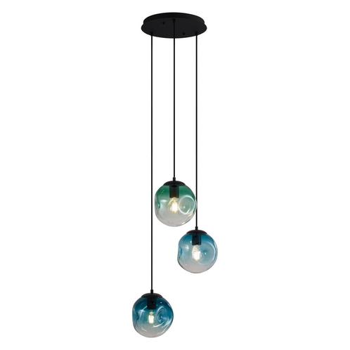 Art deco hanglamp zwart met blauw en groen glas 3-lichts -, Huis en Inrichting, Lampen | Hanglampen, Nieuw, 75 cm of meer