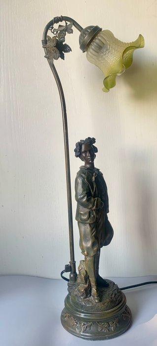 Tafellamp - Zinklegering - Jongenfiguur & glazen kap, Antiek en Kunst, Curiosa en Brocante