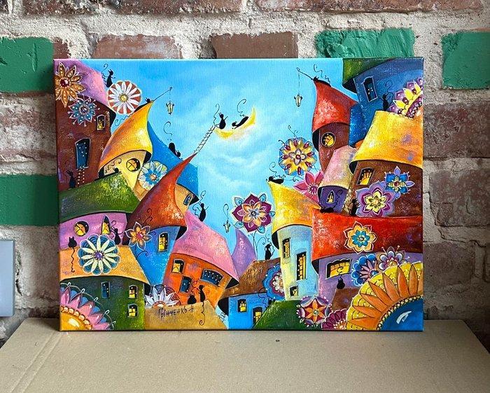 Nataly Grinchenko (XX) - Colorful town of flowers, Antiek en Kunst, Kunst | Schilderijen | Modern