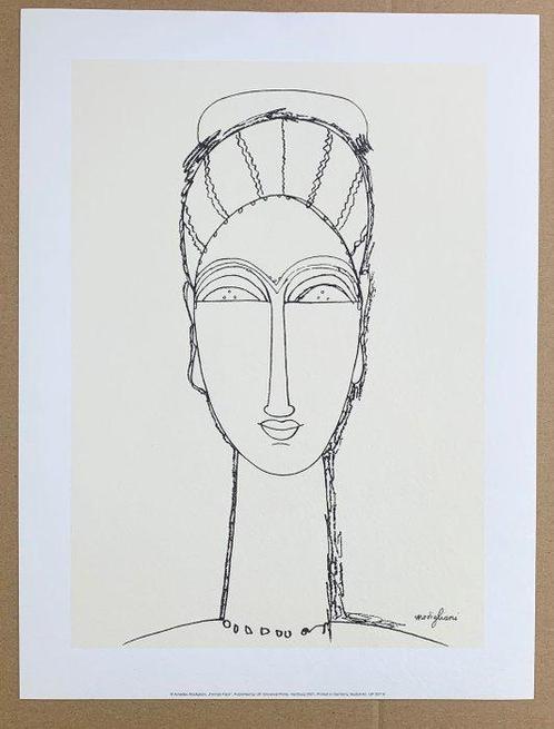 Amedeo Modigliani (after) - Female Face - Print on handmade, Antiek en Kunst, Kunst | Tekeningen en Foto's