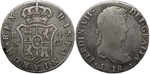 Spanje. Fernando VII. 4 Reales Acuñados en Sevilla en 1818., Postzegels en Munten, Munten | Europa | Niet-Euromunten