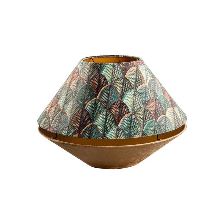 Dubbele velours lampenkap blad dessin en beige met gouden, Huis en Inrichting, Lampen | Lampenkappen, 25 tot 50 cm, Rond, Groen