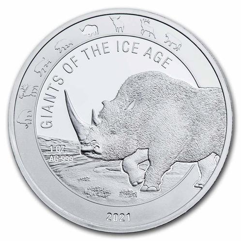 Ghana Giants of the Ice Age 1 oz 2021 Woolly Rhino, Postzegels en Munten, Munten | Afrika, Losse munt, Zilver, Overige landen