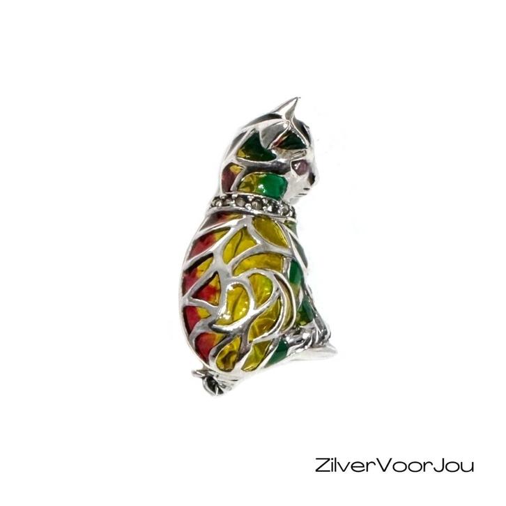 Zilveren kleurrijke poes broche, Sieraden, Tassen en Uiterlijk, Broches, Nieuw, Verzenden