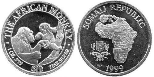 Somalische Aap 1 oz 1999 (10.000 oplage), Postzegels en Munten, Munten | Afrika, Losse munt, Zilver, Overige landen, Verzenden