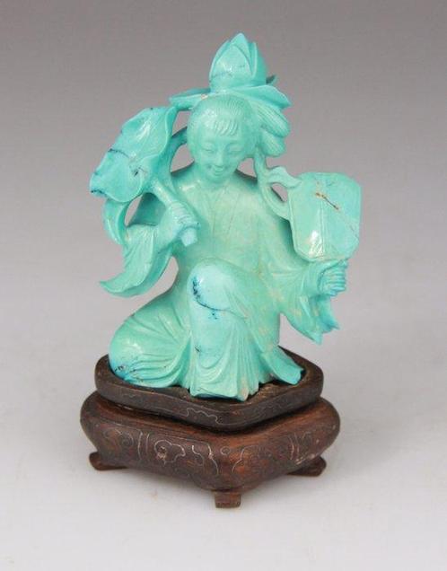 Statue Turquoise Sculpture Chinese Lady Carving Statue Stand, Antiek en Kunst, Antiek | Overige Antiek
