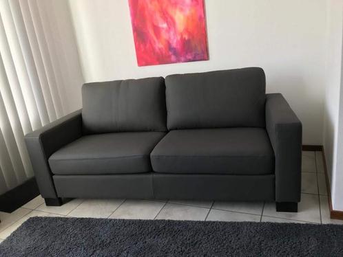 Leren 3-zits bank met houten poten - grijs leer - Echt leer,, Huis en Inrichting, Banken | Bankstellen, 200 tot 250 cm, 75 tot 100 cm