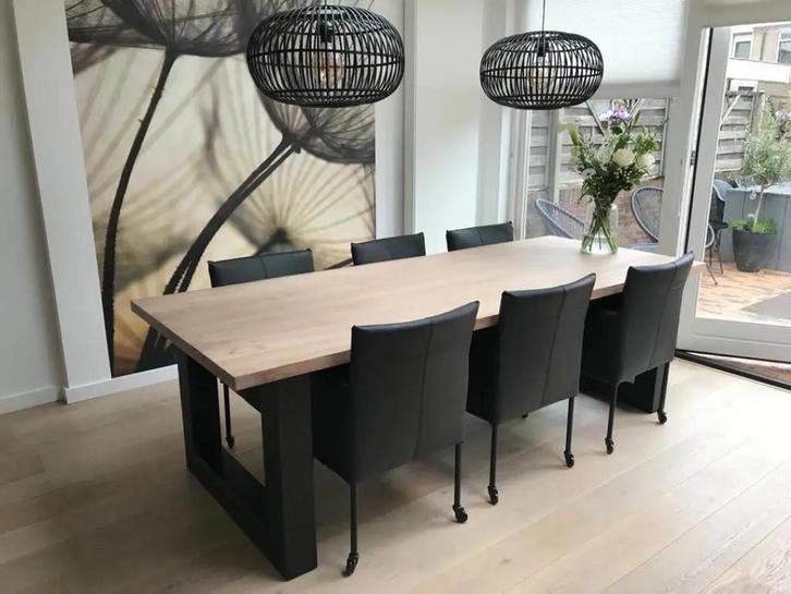 Set van 6 leren kuip eetkamerstoelen - met wieltjes - zwart, Huis en Inrichting, Stoelen, Nieuw, Leer, Ophalen of Verzenden