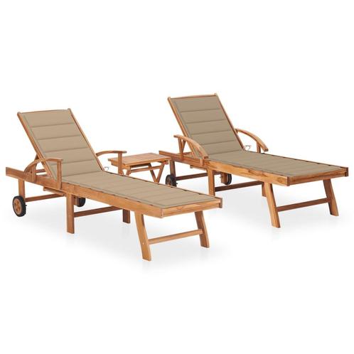vidaXL Ligbedden 2 st met tafel en kussens massief teakhout, Tuin en Terras, Ligbedden, Nieuw, Verzenden