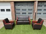 Bankstel SENIOREN cognac/bruin leren bank met 2 fauteuils, Zo goed als nieuw, Rechte bank, Leer, Senioren