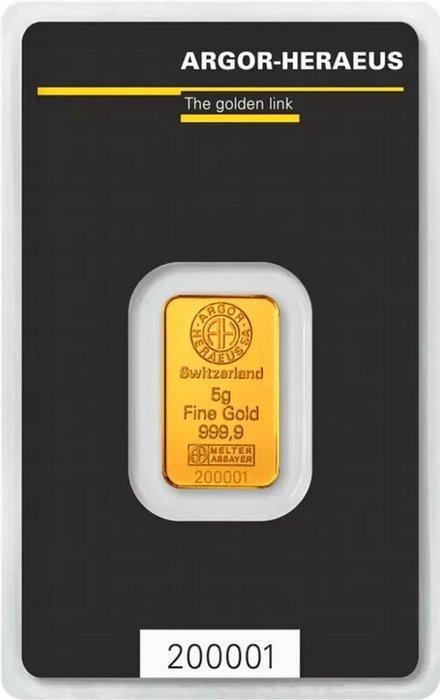 5 gram - Goud .999 - Argor-Heraeus, Switzerland - Verzegeld, Postzegels en Munten, Edelmetalen en Baren