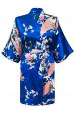 KIMU® Kimono Konings Blauw Kort L-XL Yukata Satijn Boven de, Kleding | Dames, Nieuw, Carnaval, Maat 42/44 (L), Ophalen of Verzenden
