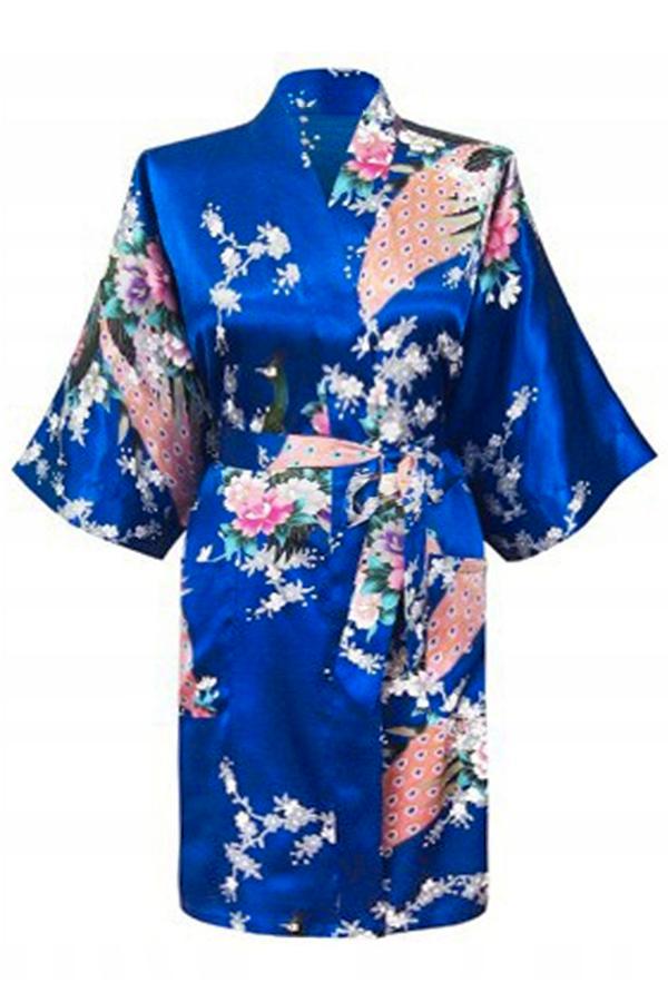 KIMU® Kimono Konings Blauw Kort L-XL Yukata Satijn Boven de, Kleding | Dames, Carnavalskleding en Feestkleding, Nieuw, Maat 42/44 (L)