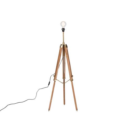 Landelijke vloerlamp tripod hout met antiek messing - Cortin, Huis en Inrichting, Lampen | Vloerlampen, Nieuw, Overige materialen
