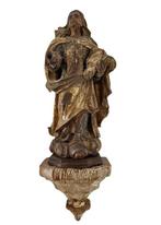 Antiek houten beeldhouwwerk op sokkel - Madonna - 39 cm -, Antiek en Kunst