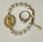 Ambachtelijk roosje en armband met witte parel en ring met -