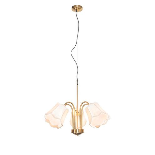 Klassieke hanglamp messing met witte lampenkap 5-lichts -, Huis en Inrichting, Lampen | Hanglampen, Nieuw, Overige materialen