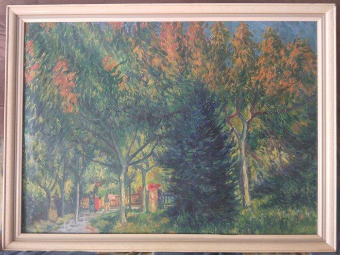 Franse school (XX) - Zicht op een park met figuren, Antiek en Kunst, Kunst | Schilderijen | Klassiek