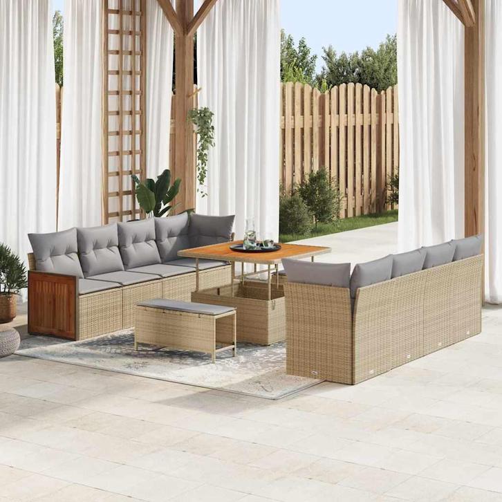 vidaXL Tuin Sofa Set 11 pcs Beige 100 x 100 x 71 cm poly, Tuin en Terras, Tuinsets en Loungesets, Nieuw, Rotan, Verzenden