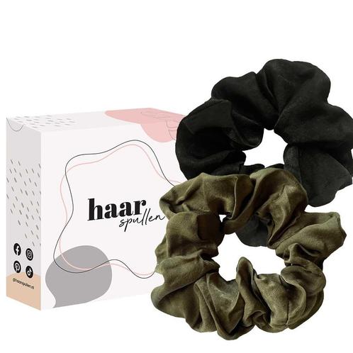 Haarspullen Lucky Duo Scrunchie Set Zijde - Zwart & Groen, Sieraden, Tassen en Uiterlijk, Uiterlijk | Haarverzorging, Overige typen