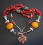 Kabyle-stijl Berberketting 74 cm hars, koraal, Zilver 925 -