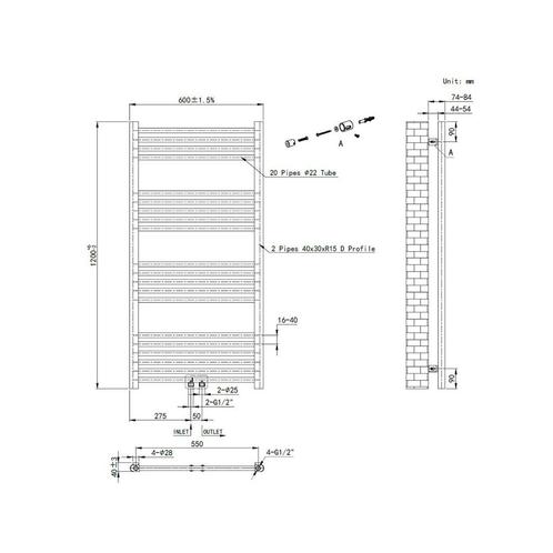 Handdoek Radiator BWS Cory 120x60 cm 414 Watt Midden en, Doe-het-zelf en Verbouw, Sanitair, Ophalen of Verzenden