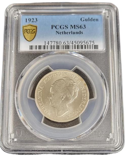 Koningin Wilhelmina 1 gulden 1923 MS63 PCGS gecertificeerd, Postzegels en Munten, Munten | Nederland, Losse munt, Zilver, Verzenden