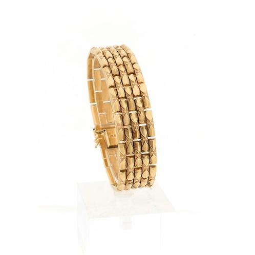 8 Krt. Brede fantasie schakel armband | 18,5 cm (bakslot), Sieraden, Tassen en Uiterlijk, Antieke sieraden, Goud, Ophalen of Verzenden