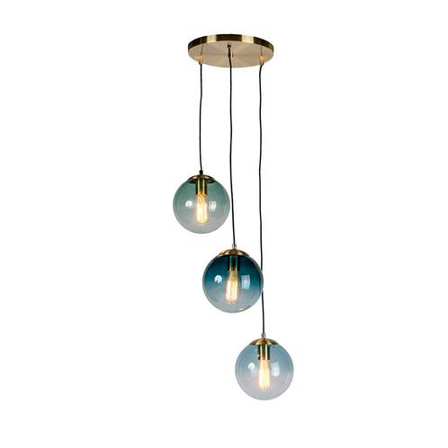 Art deco hanglamp messing met blauwe glazen - Pallon, Huis en Inrichting, Lampen | Hanglampen, Nieuw, Glas, 75 cm of meer