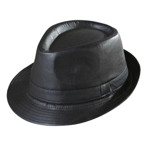 Luxe gangster fedora zwart kunstleer - Gangsterhoeden, Hobby en Vrije tijd, Feestartikelen, Ophalen of Verzenden